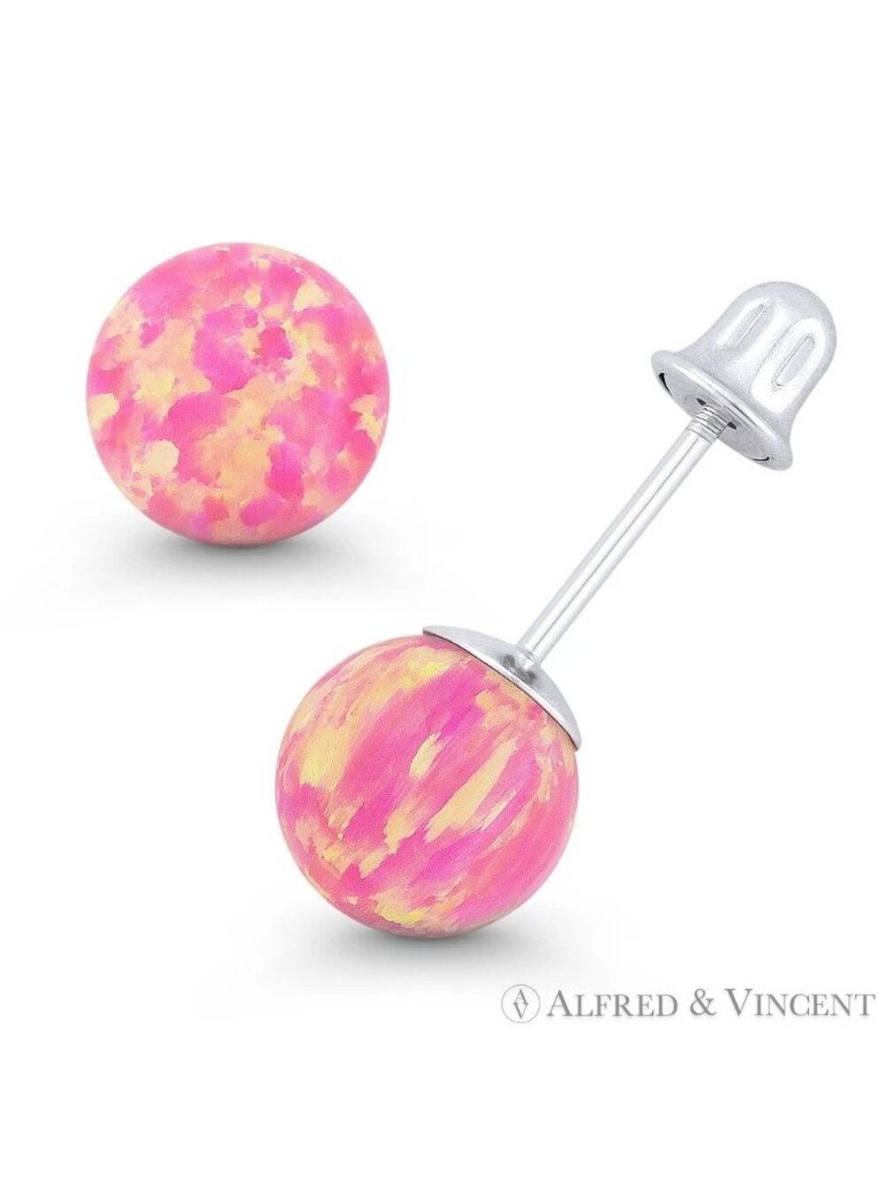 Fiery Royal-Pink Synthetic Opal Ball Screwback Stud Earrings in 14k White Gold